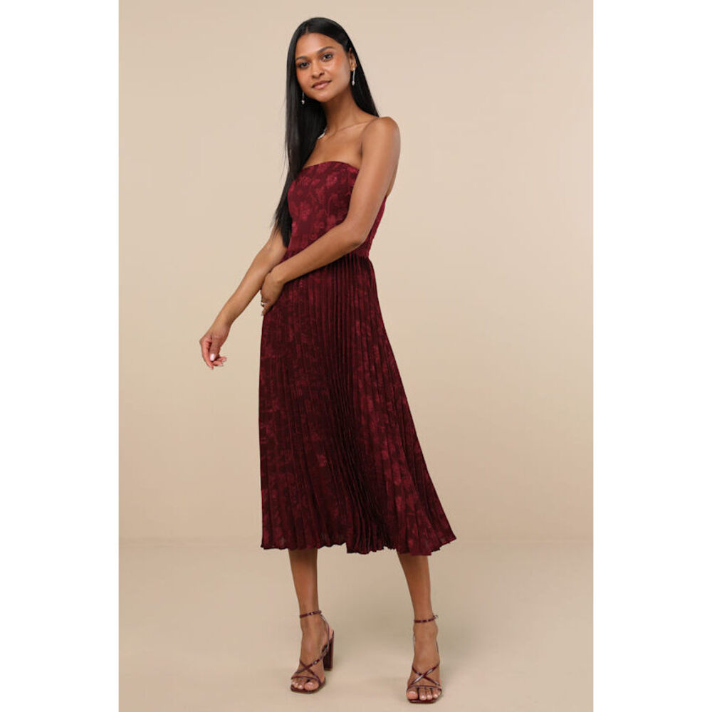 Lulus Perfectly Stunning Burgundy Jacquard Strapless Midi Dress Red - Size S